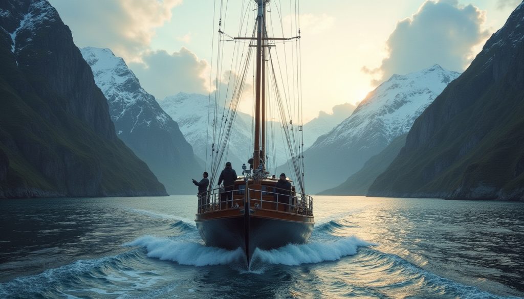 Jachta sa plaví po historických námorných trasách v nórskych fjordoch s útesmi a prieskumníkmi na palube.